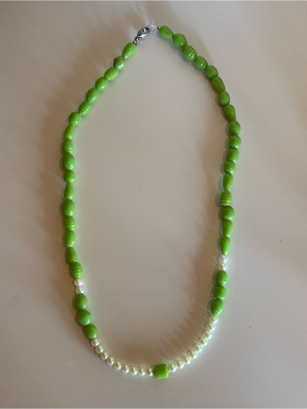 Vintage Lime Green Beaded Necklace | Retro Milk Glass & Faux Pearl Statement